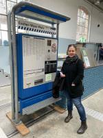 Kath with the ticket machine that she misses to this day