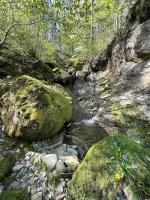 Wide-angle view of a mini-waterfall in the Kemptnertobel