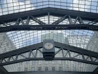 Closeup of the big clock in Moynihan Train Hall