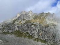 The cloud-shrouded mountain view from the Albertheimhütte