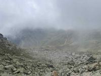 The view down to the Furka road, through the thinning fog