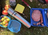 Lunchtime! (Grapes, coffee, apples, salami, Landjäger, ...)