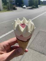 Marco has a strawberry "cornet" from the Volg in Adetswil