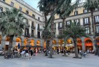 The warm lights and lush palms of Plac...a Reial, 50 meters from our apartment