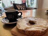 Everything bagel with cream cheese and an espresso at Vicafe