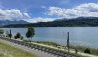 View of the snowy mountains over the Zürisee, just outside of Schmerikon