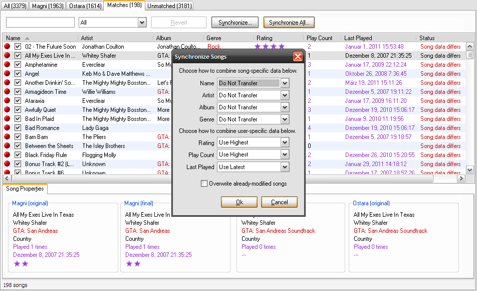 Synchronizing Matched Songs